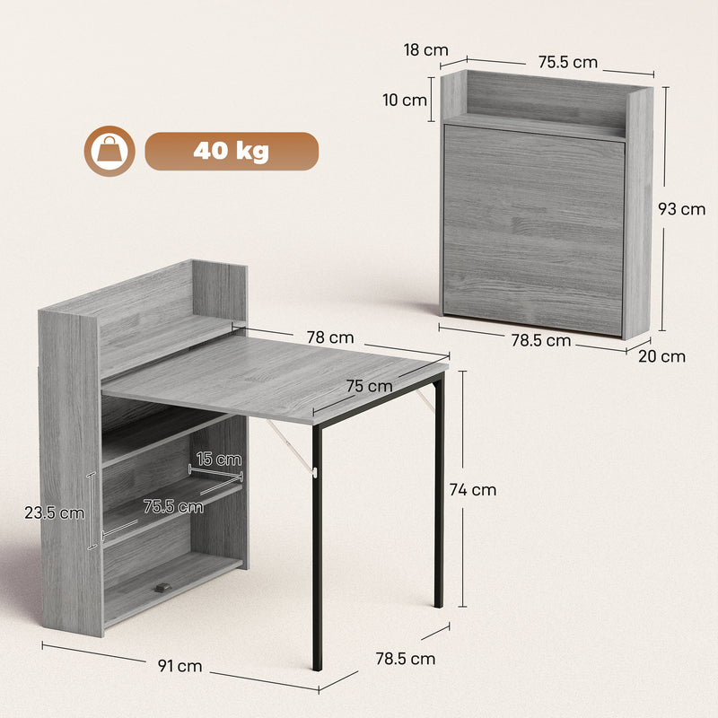 Extendable Folding Dining Table with Storage Shelves for Small Spaces Grey Wood Effect