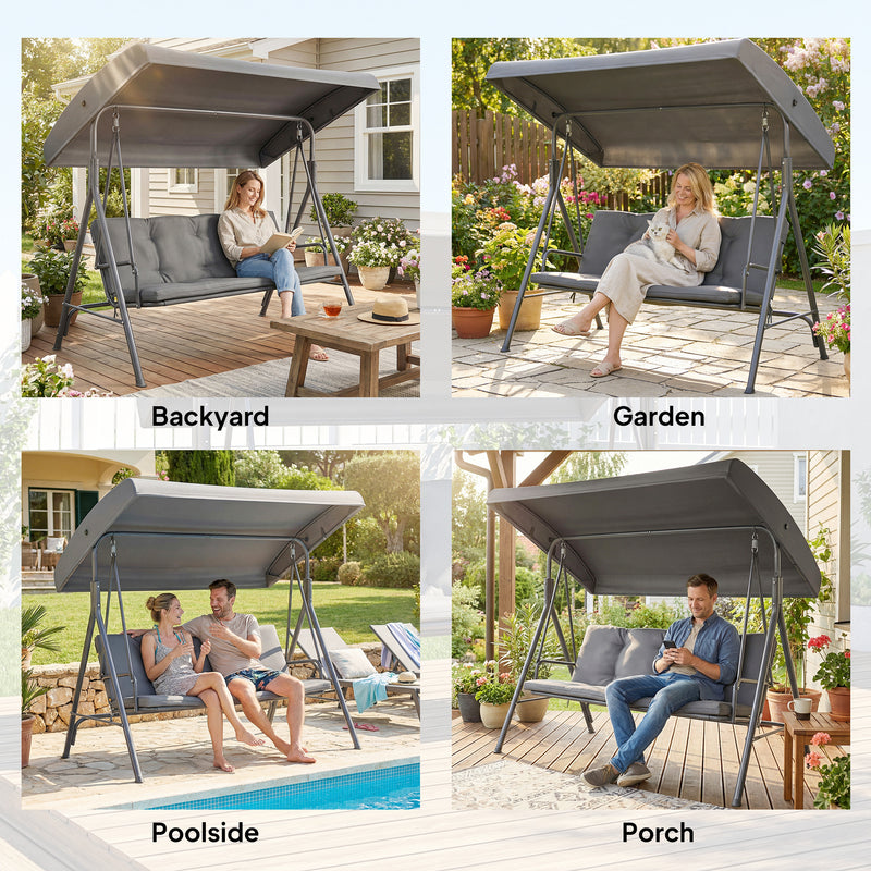 3 Seater Garden Swing Seat with Cushions and Adjustable Canopy for Outdoor Relaxing, Dark Grey