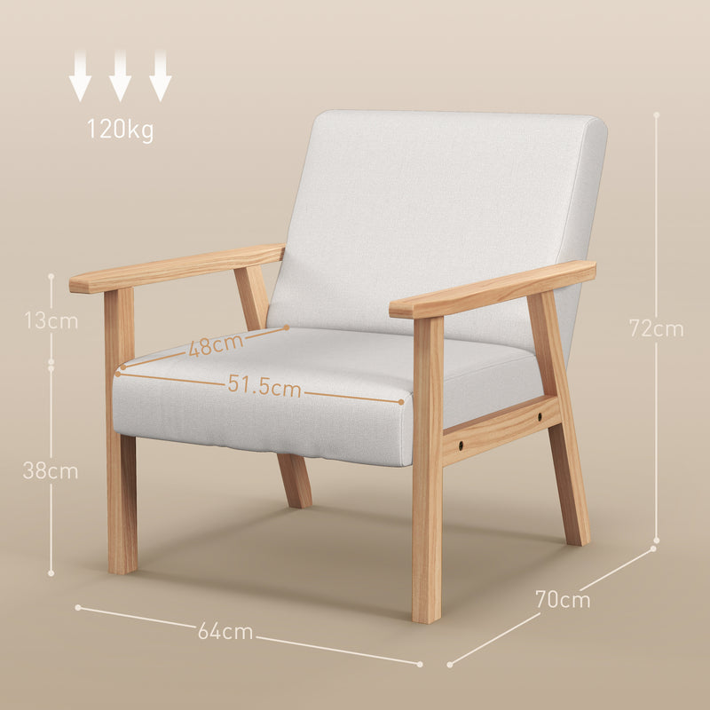 Accent Armchair with Wide Wooden Frame and Thick Linen Seat for Home or Office Cream White