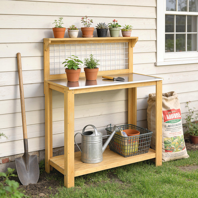Outdoor Potting Bench with Aluminium Worktop and Shelves for Organised Gardening