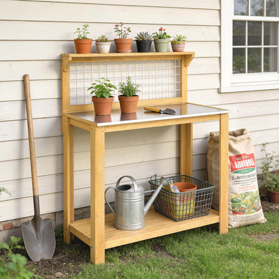 Outdoor Potting Bench with Aluminium Worktop and Shelves for Organised Gardening Outsunny