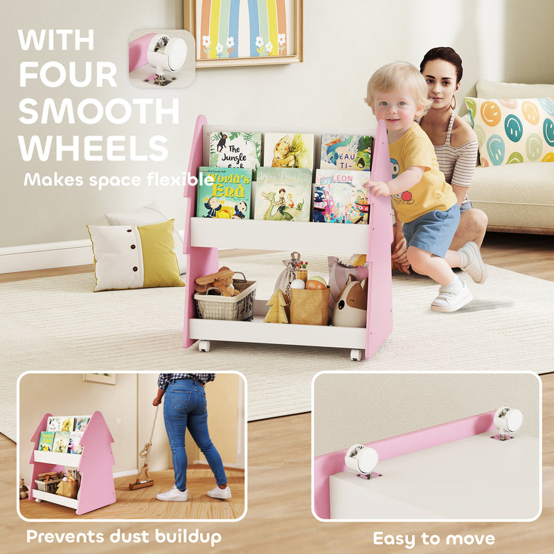 3 Tier Kids Bookshelf With Toy Storage And Wheels For Bedroom Or Playroom Pink AOSOM