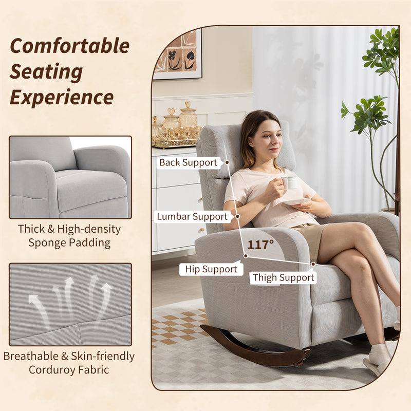 Rocking Armchair With Corduroy Upholstery Ideal For Relaxing In Living Room Grey