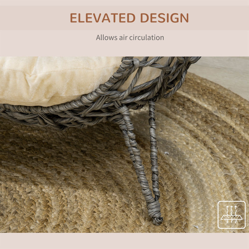 Rattan Elevated Cat Bed House with Removable Cushion Ideal for Kittens Silver Tone, Grey