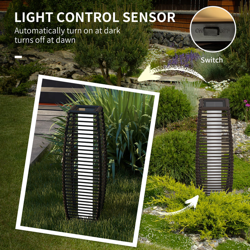 Brown Rattan Solar Floor Lamp 68cm Tall Auto LED Garden Light For Patio Or Pathway