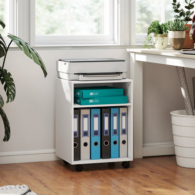 Printer Stand with Shelves and Lockable Wheels for Small Home Office Storage White Homcom