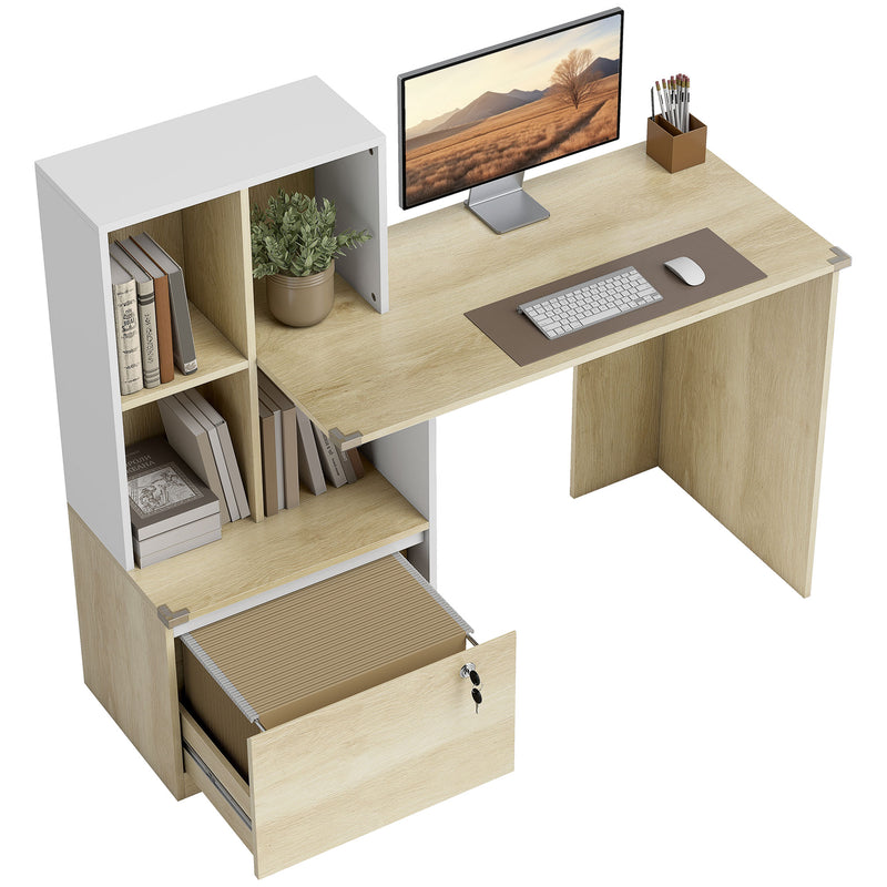 Computer Desk with Lockable Drawer and Shelves for Organised Home Office Oak Wood Effect