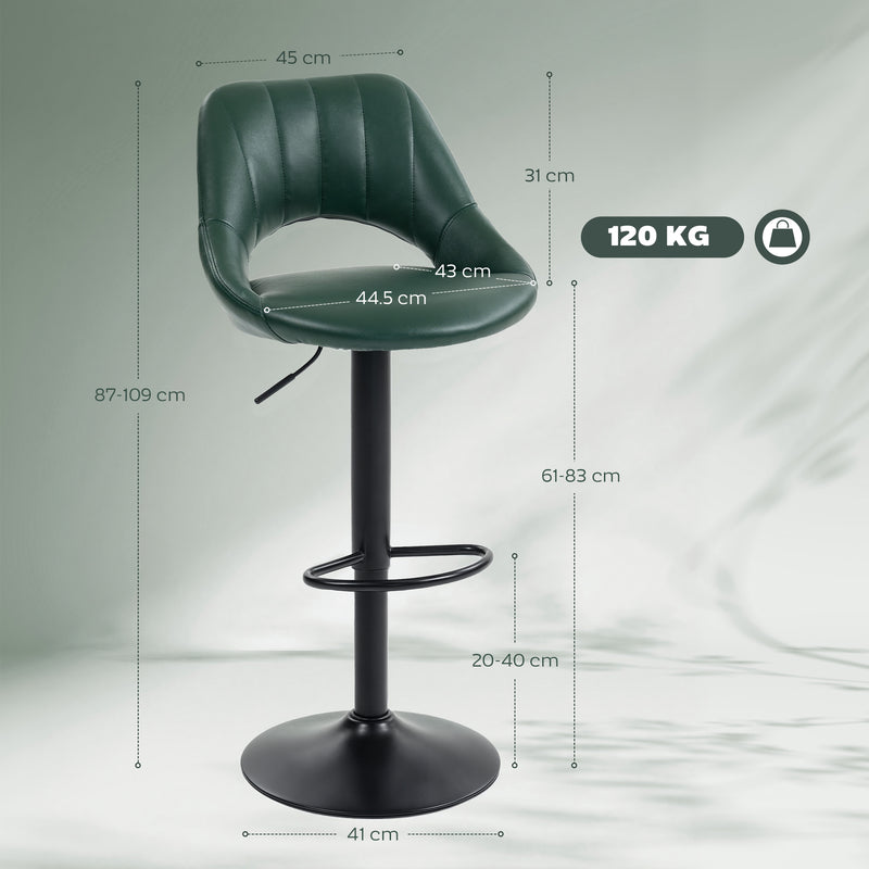 Set of 2 Adjustable Faux Leather Swivel Bar Stools with Footrest for Kitchen Island Dark Green