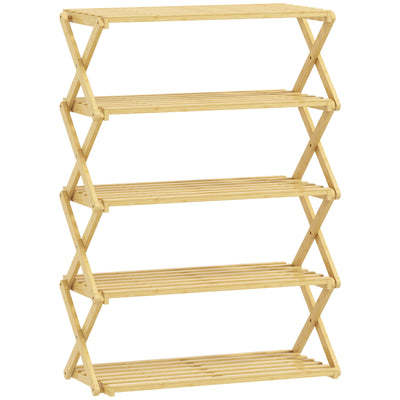 Five Tier Folding Bamboo Shoe Rack Space Saving Storage Organiser For Hallway Natural AOSOM