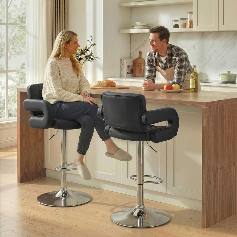 Adjustable Bar Stools with Padded Armrests for Comfortable Kitchen Seating Set of 2 Black AOSOM