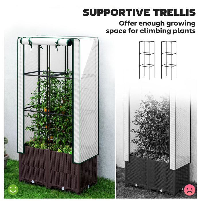 Raised Garden Bed with Trellis Plastic Planter Box with Drainage for Climbing Plants by Outsunny