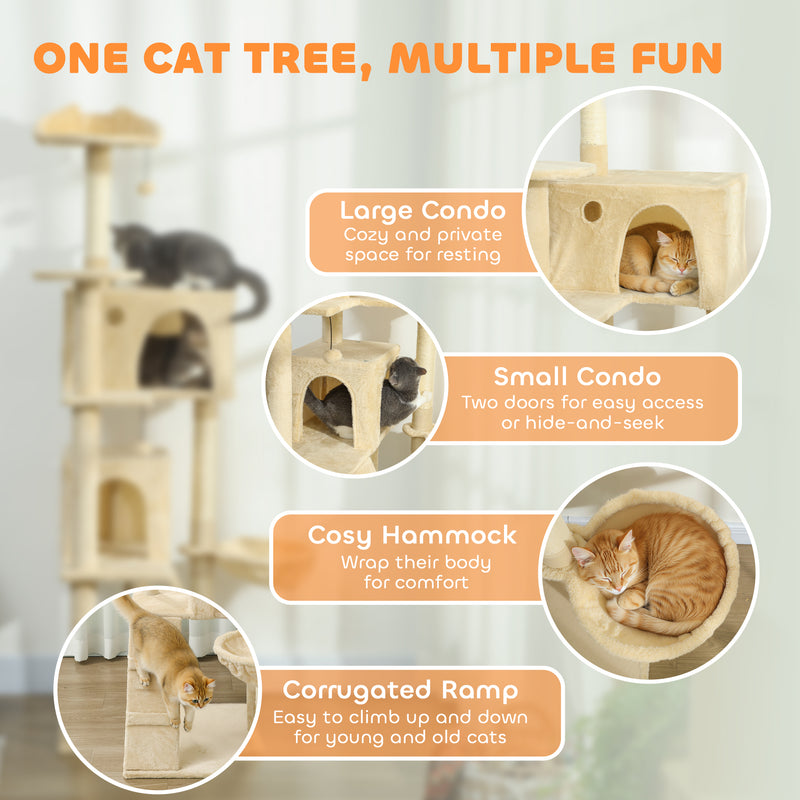 Large 180cm Cat Tree Tower with Hammock Condos and Scratching Posts for Indoor Use Beige AOSOM
