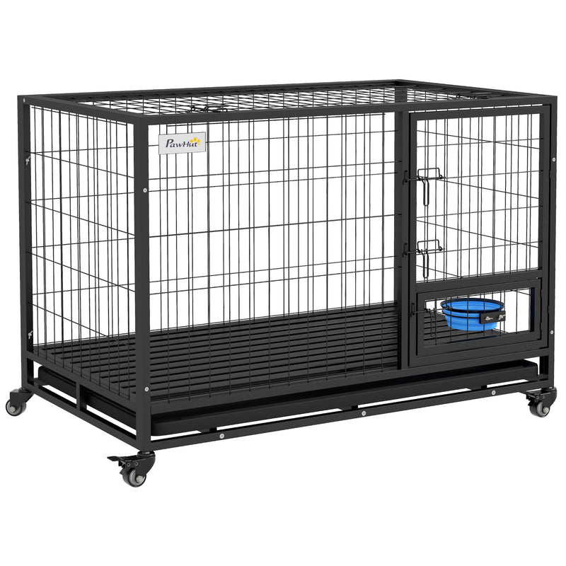 Heavy Duty Dog Crate with Wheels Bowl Holder and Removable Tray for Large Dogs Black