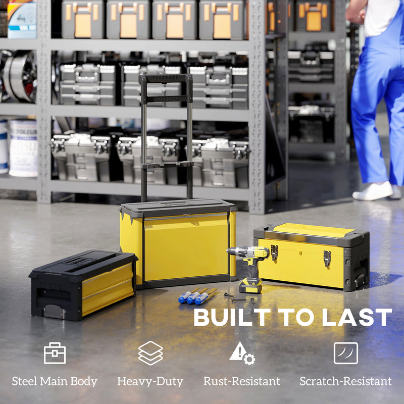 Yellow 3 in 1 Stackable Rolling Tool Box With Wheels For Garage Or Workshop Storage