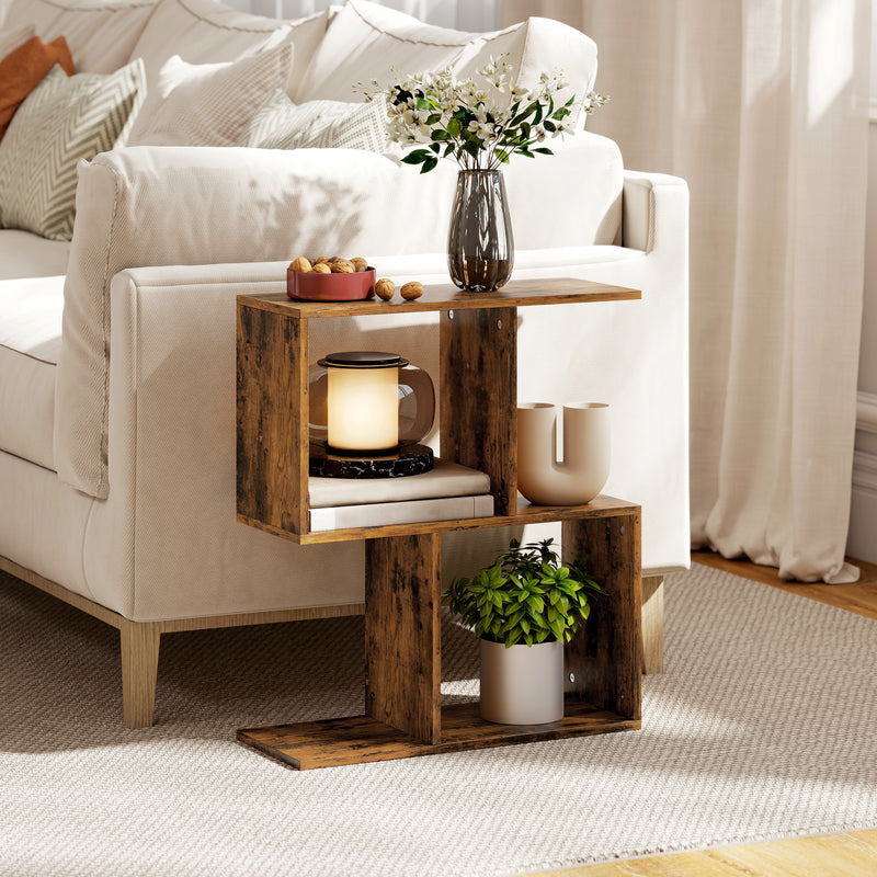 Slim S Shaped Side Table with 3 Storage Shelves Ideal for Small Spaces Rustic Brown