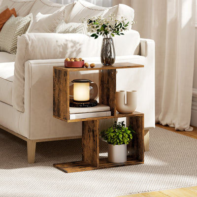 Slim S Shaped Side Table with 3 Storage Shelves Ideal for Small Spaces Rustic Brown