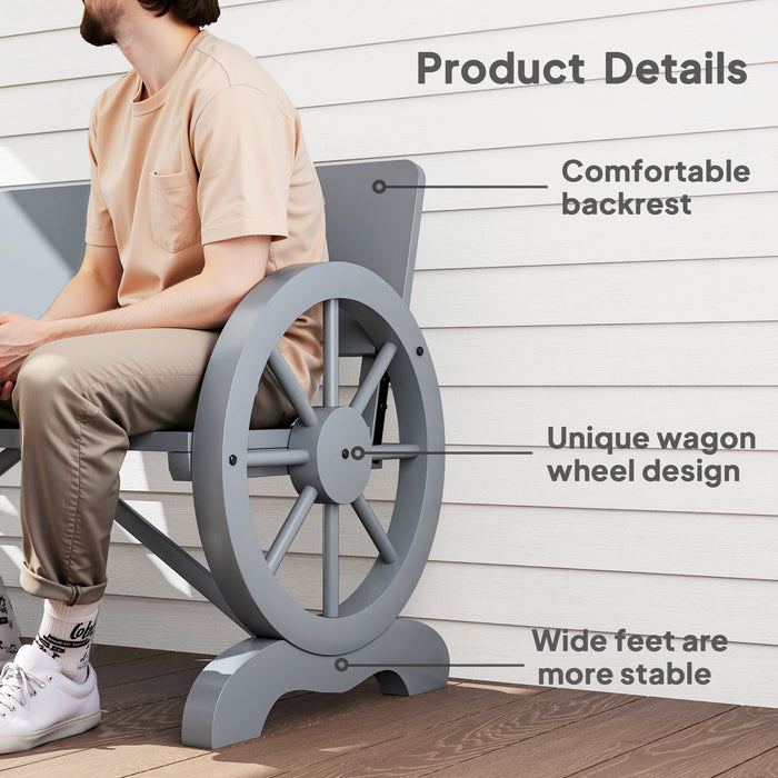Grey 2 Seater Wooden Garden Bench with Wagon Wheel Design by Outsunny