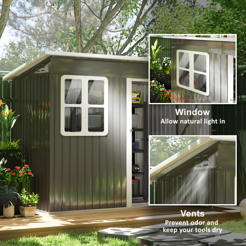 Grey 7x4ft Galvanised Steel Garden Shed with Window, Lock and Gloves by Outsunny