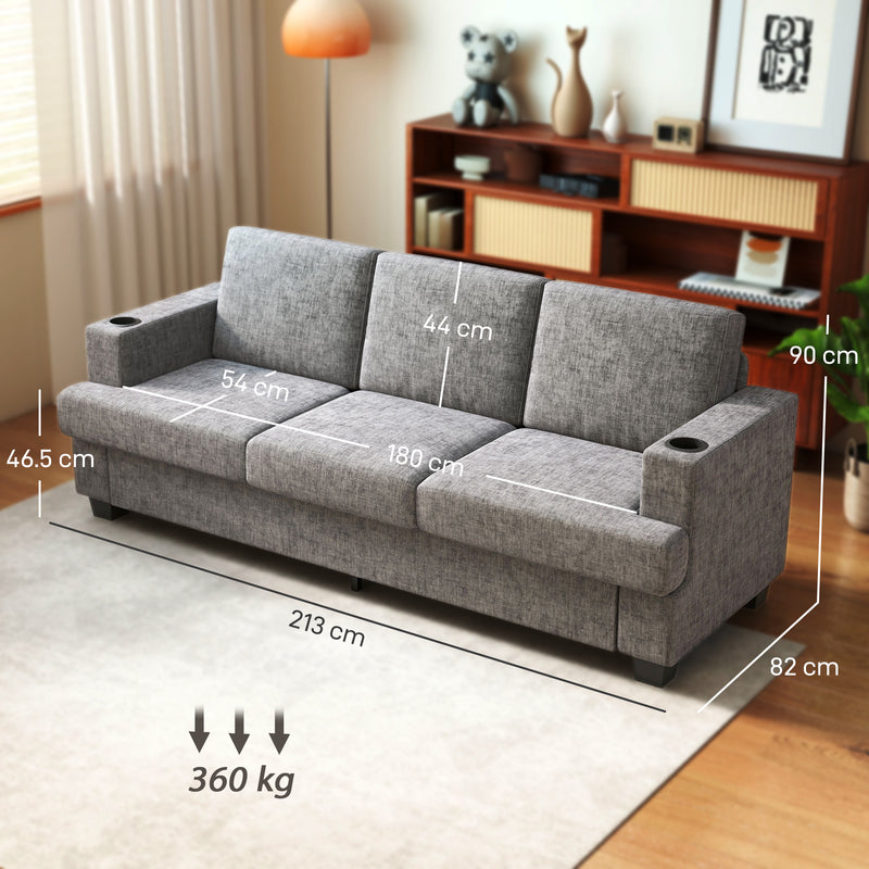 3 Seater Sofa With USB Charging Ports And Cup Holders For Lounge, Grey