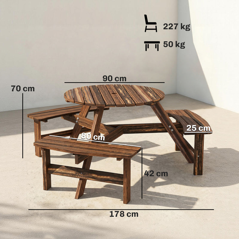 Garden Dining Set for 6 with Round Pub Style Table and Benches Weather Resistant Fir Wood Carbonized Outsunny