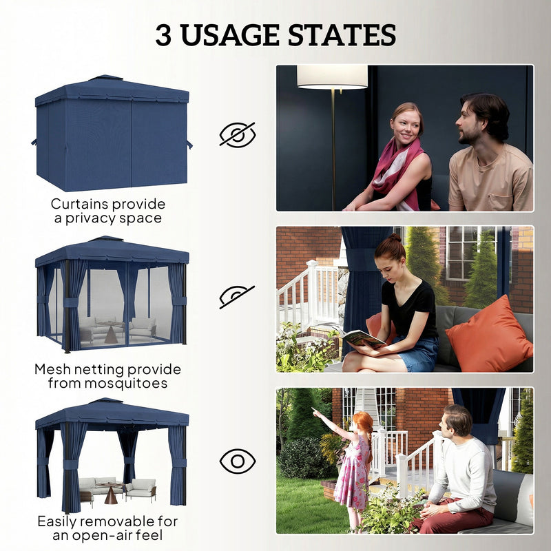 3x3m Metal Garden Gazebo with Curtains and Insect Netting for Outdoor Dining and Relaxing, Dark Blue Outsunny