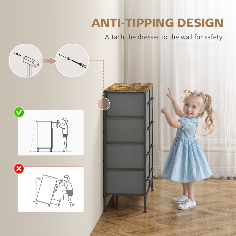 Industrial Chest of Drawers with 8 Fabric Storage Units and Wooden Top for Bedroom Rustic Brown and Grey