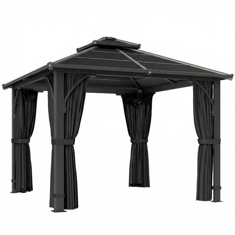 2.5 x 2.5m Garden Gazebo with Polycarbonate Roof and Curtains for Year Round Shelter Dark Grey