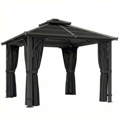2.5 x 2.5m Garden Gazebo with Polycarbonate Roof and Curtains for Year Round Shelter Dark Grey Outsunny