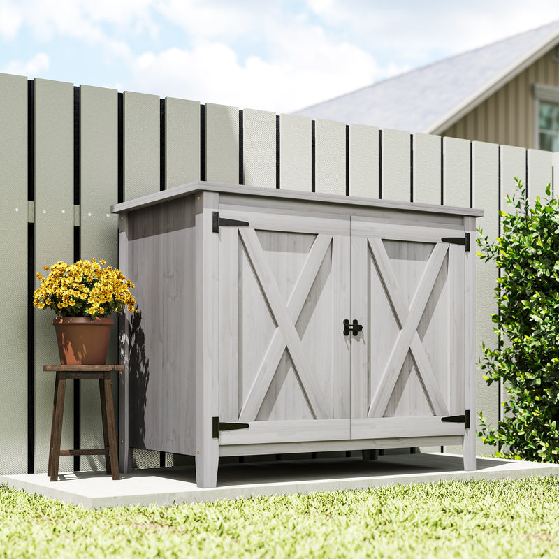 Wooden Garden Storage Shed With Shelf And Double Doors Ideal For Outdoor Tools Light Grey AOSOM