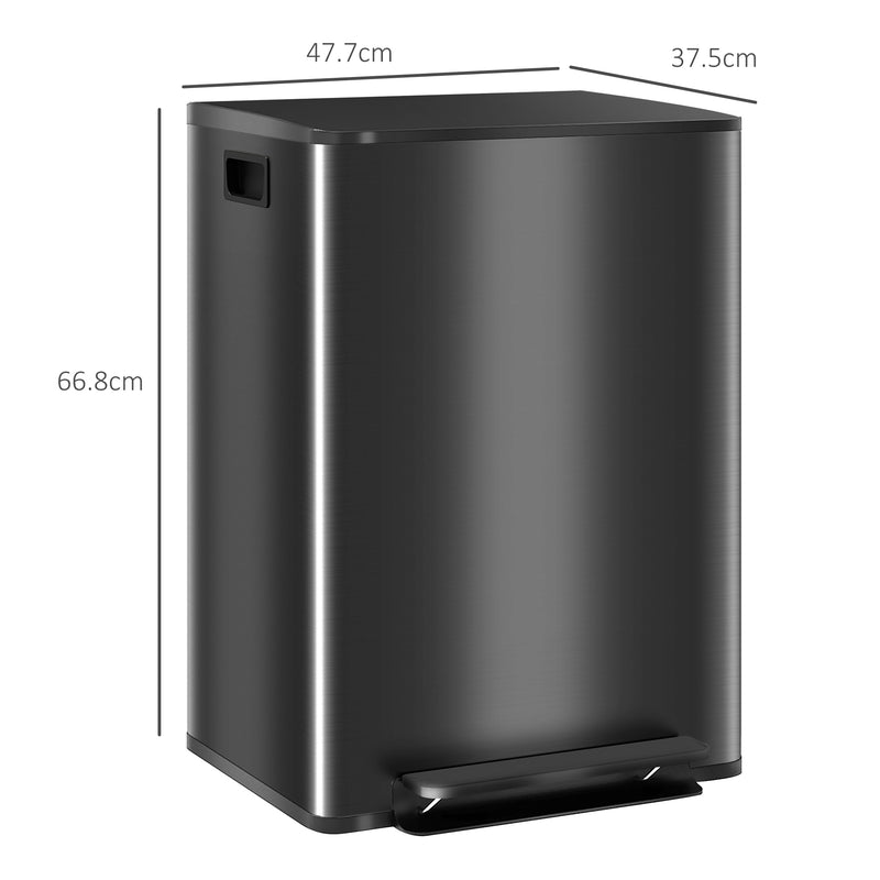 60L Dual Compartment Kitchen Recycling Bin with Deodoriser Holders Stainless Steel, Black
