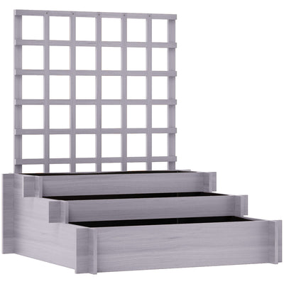 3 Tier Wooden Garden Planter With Trellis For Climbing Plants Raised Bed Grey AOSOM
