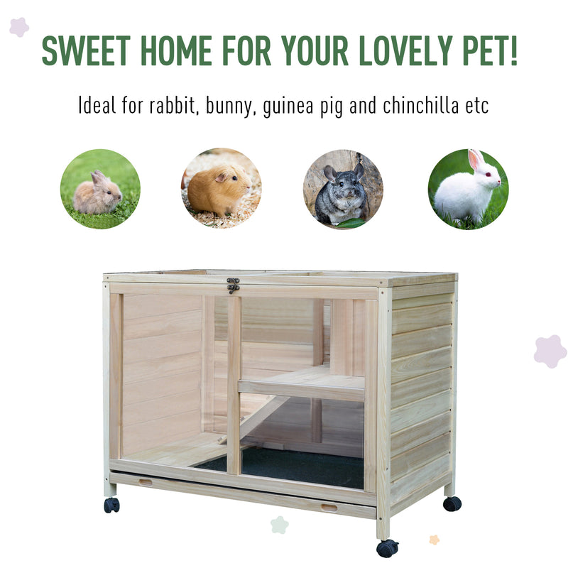 Indoor Wooden Guinea Pig Hutch with Two Levels Ideal for Small Pets, Natural Wood