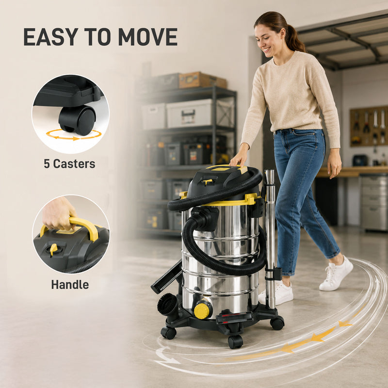 Wet and Dry Vacuum Cleaner for Fast Spill and Dust Removal with Large 30L Bin Silver Black Yellow
