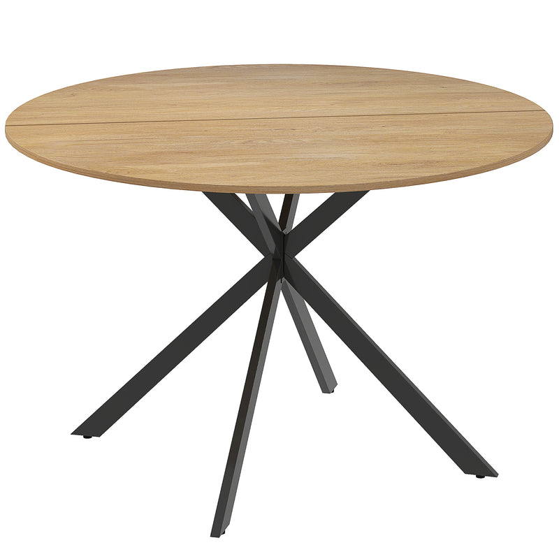 4 Seat Round Dining Table Industrial Style with Wood Effect Top and Black Steel Frame for Kitchen