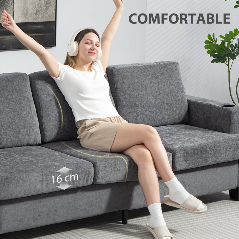 3 Seater Sofa With USB Charging Ports And Cup Holders For Lounge, Grey