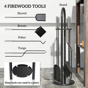 5 Piece Metal Fireplace Tool Set With Brush Shovel Poker and Ash Bucket, Black & Silver
