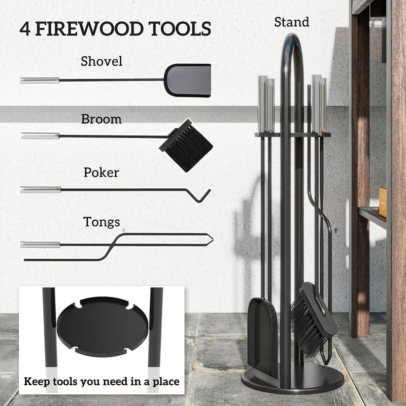 5 Piece Metal Fireplace Tool Set With Brush Shovel Poker and Ash Bucket, Black & Silver
