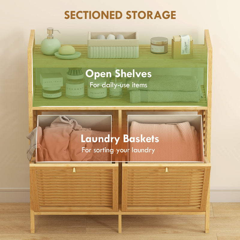 Bathroom Laundry Cabinet with Two Removable Sorting Baskets and Shelves Natural Cream AOSOM