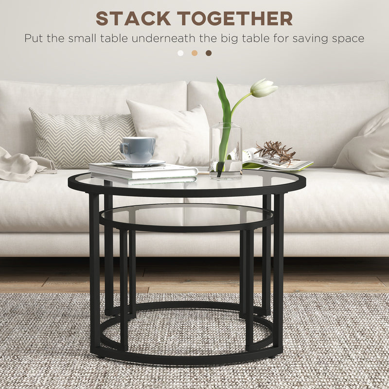 Modern Glass Nesting Coffee Tables Set of 2 Space Saving Living Room Design Black
