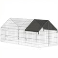 Black and silver metal rabbit run with a shade cover over one end, on a plain background