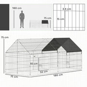Dimensions diagram of the rabbit run showing 180 cm length, 75 cm width and height, door size and mesh spacing