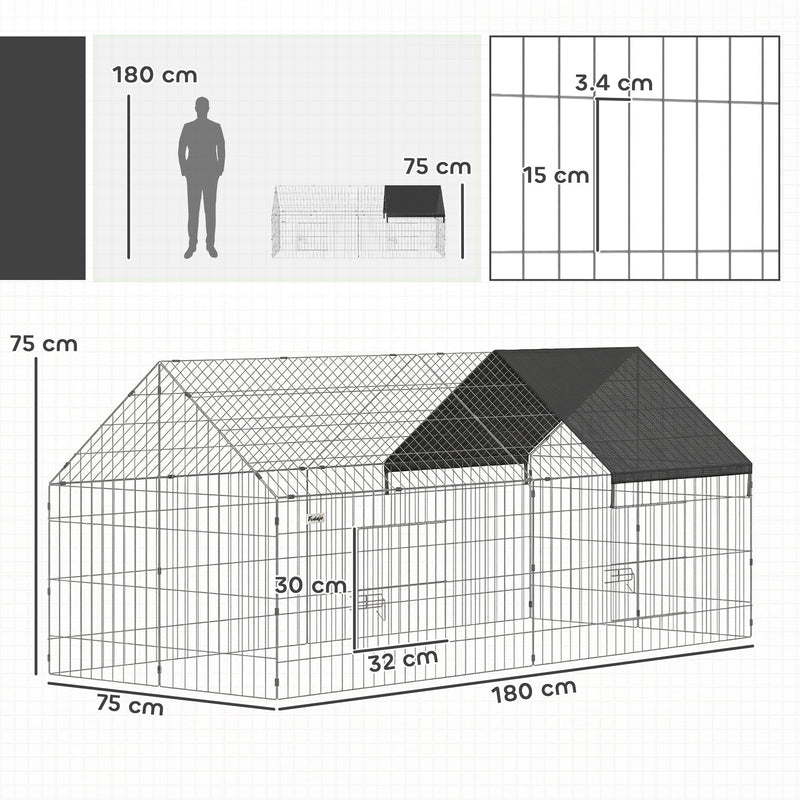 Dimensions diagram of the rabbit run showing 180 cm length, 75 cm width and height, door size and mesh spacing
