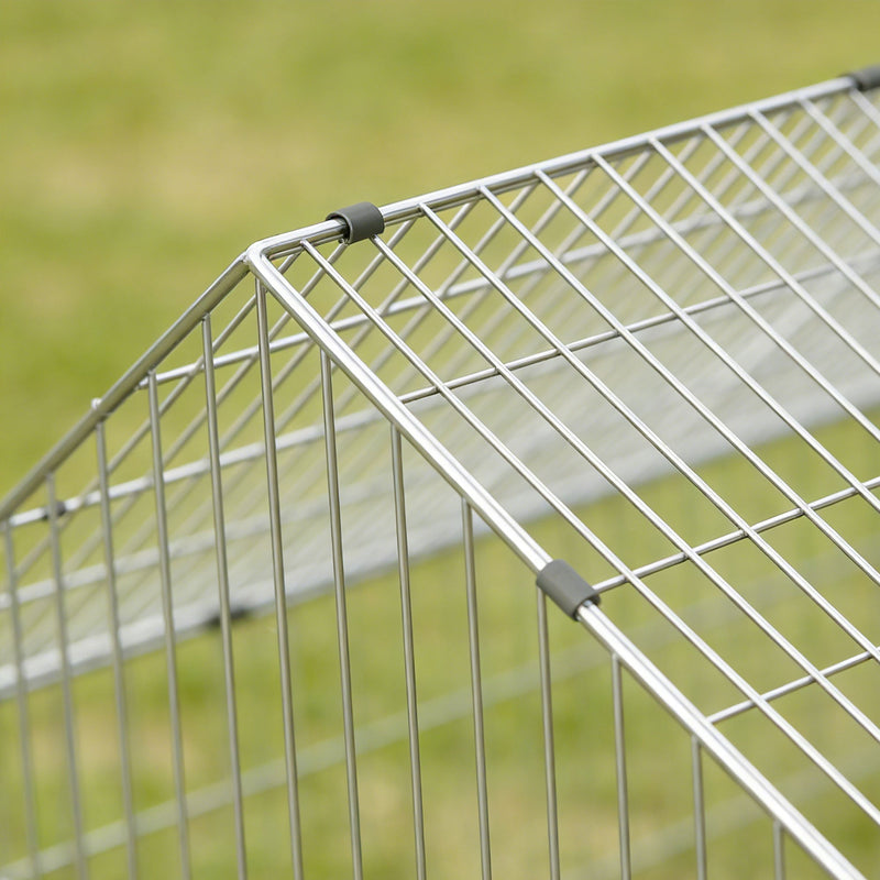 Close-up of the steel frame corner and mesh panel joint of the run