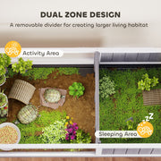 Feature panel showing the dual-zone divider inside the raised tortoise cage