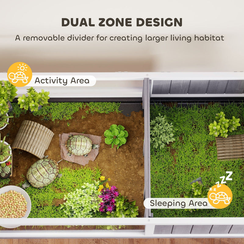Feature panel showing the dual-zone divider inside the raised tortoise cage