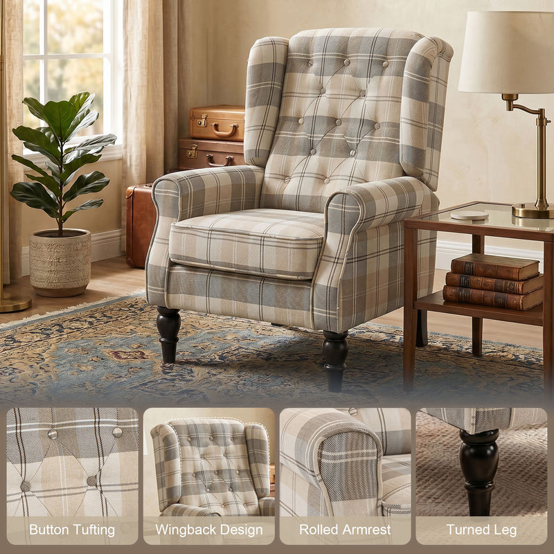 Accent Chair with High Back and Deep Padding for Relaxing in Living Room or Bedroom Khaki Plaid