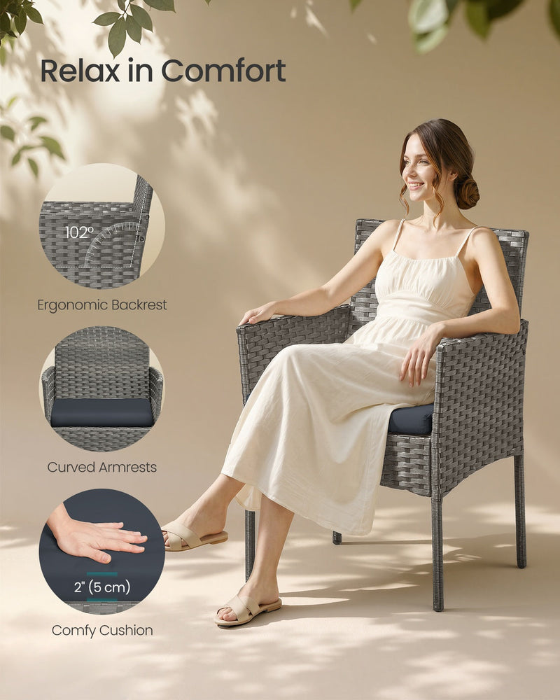 Woman relaxing in one rattan armchair, with insets showing the backrest, armrests and cushion