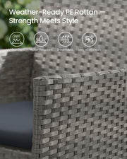 Close-up of the grey PE rattan weave with UV and water resistance icons