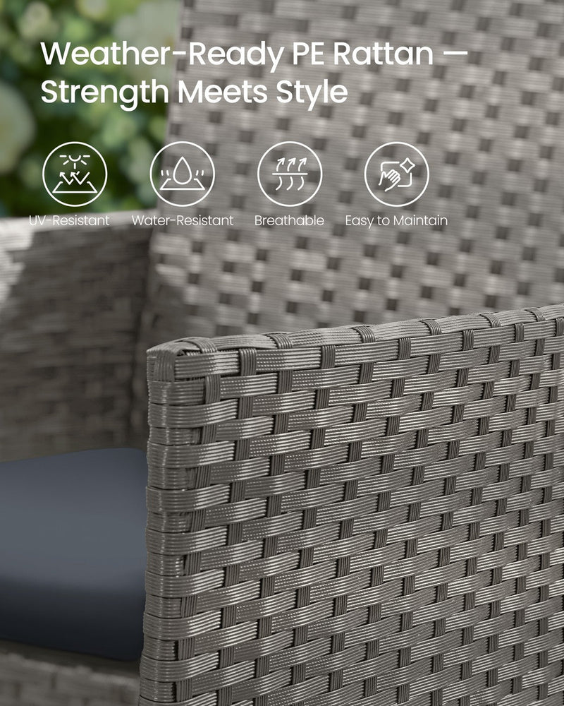 Close-up of the grey PE rattan weave with UV and water resistance icons