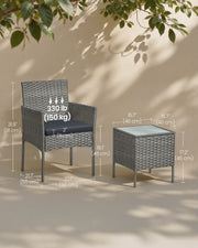 Dimension diagram of the rattan chair and table with measurements in centimetres